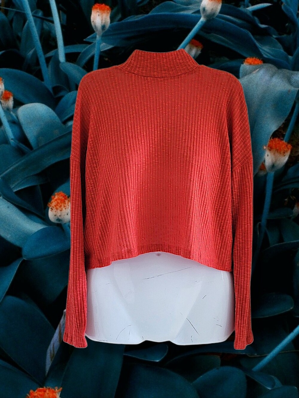 Wild Fable | Ribbed Reddish Orange Cropped Long Sleeve Mock Neck Top SIZE XS